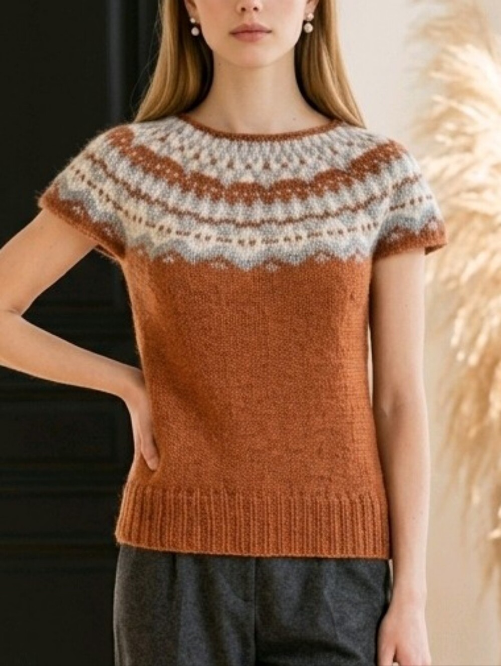 Banana Republic Rust and Cream Fair Isle Short-Sleeve Crew Sweater 38% Alpaca